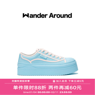 Wander around夏季薄款厚底增高6CM休闲百搭马卡龙蓝色帆布鞋女
