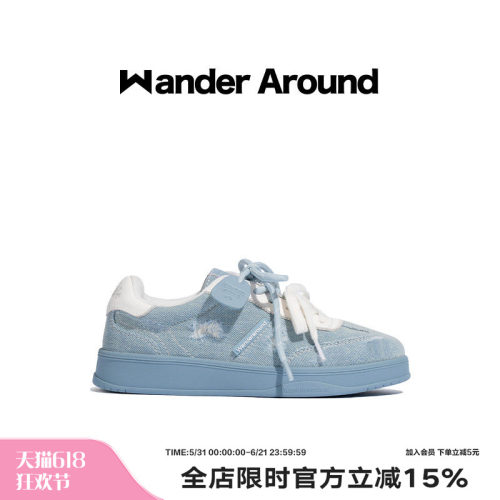 Wander around2025秋季新款牛仔拼色厚底增高休闲鞋复古德训鞋女