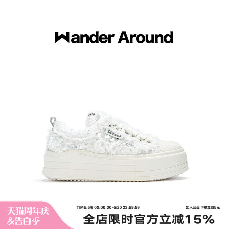 Wander around2025年秋季新款云朵系列白色羽毛厚底增高帆布鞋女