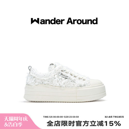 Wander around2025年秋季新款云朵系列白色羽毛厚底增高帆布鞋女