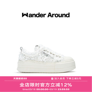 Wander around2025年秋季新款云朵系列白色羽毛厚底增高帆布鞋女