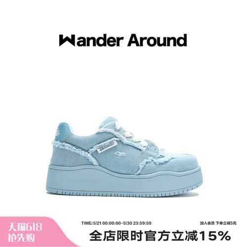Wander around2025年秋季新款复古牛仔蓝厚底增高休闲板鞋女