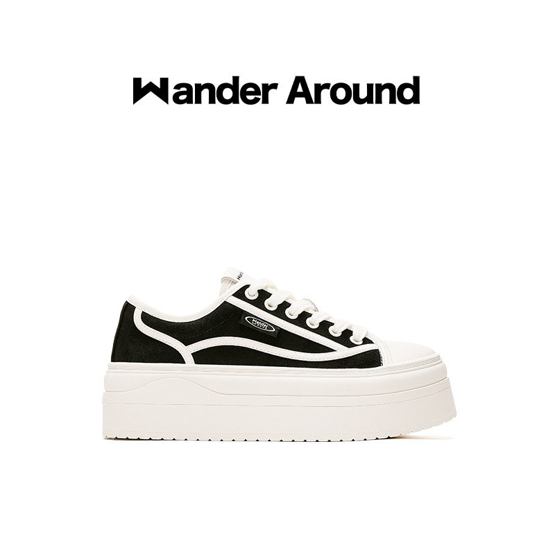 Wander around夏季薄款厚底增高6CM休闲百搭黑色帆布鞋女