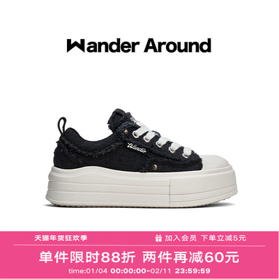 Wander around漫行2026新款厚底增高破坏做旧休闲帆布鞋女