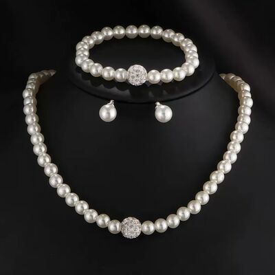 3 PCS Imitation Pearl Fireball Necklace Bracelet Earring Stu
