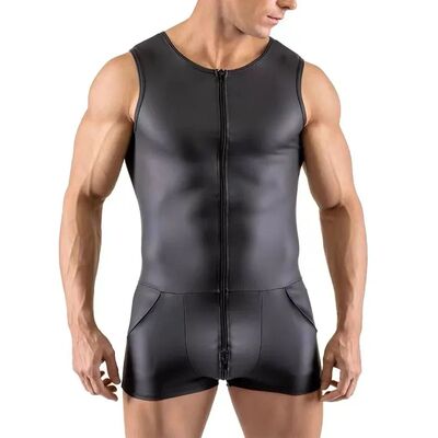 Men Sexy Wet Look Patent Leather Sleeveless Bodysuit Zip Jum