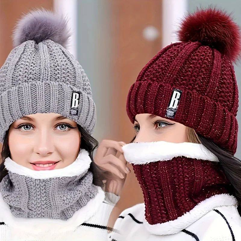 1Set winter warm knit hat set Winter hat thick plush windpro