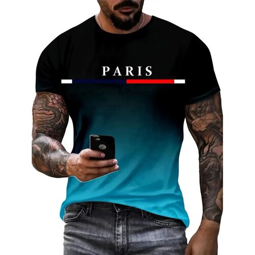 Summer men's gradient Paris letter 3D printed T-shirt for ou
