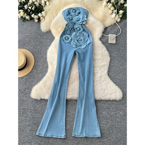 SINGREINY Fashion Denim Long Jumpsuits Zipper 3D Floral Chic