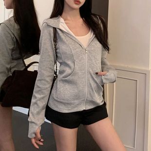 Gray Zipper Hooded Sweatshirt Women 2025 New Korean Slim Fit