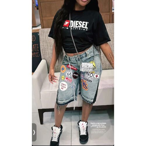 Streetwear Retro Patchwork Denim Shorts Y2K Jeans Cartoon Em