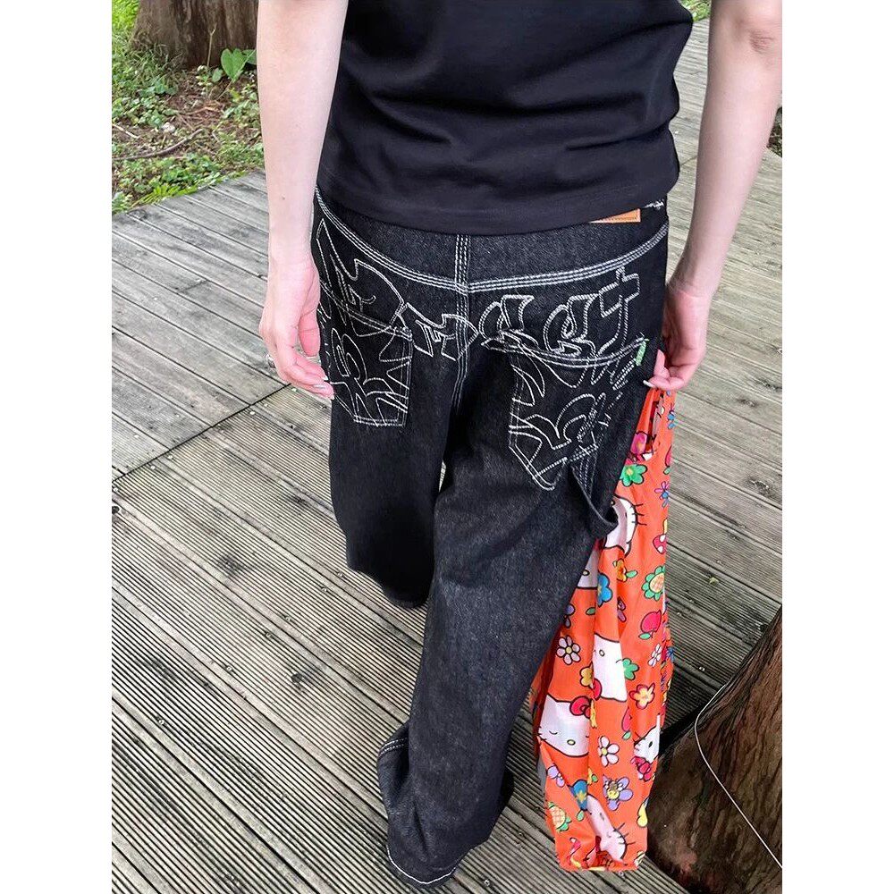 Y2k Embroidered Black Wide Leg Jeans Women American Retro Ca图片
