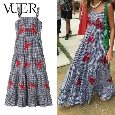 MUJER Plaid Slip Long Dress Woman Embroidery Ruffle Summer D