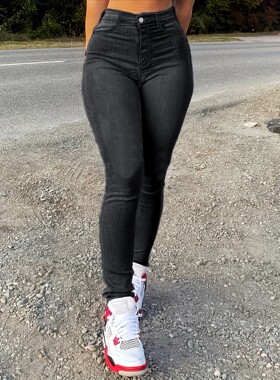 Women Simple Slim Wash Casual Style Jeans Zipper Button Clos