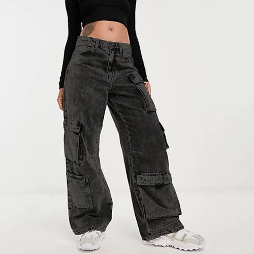 Women Jeans Straight Cargo Pants Denim Mid Waist Loose Vinta