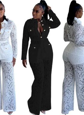 Lace Elegant Shirt Top & White Cargo Pants Set Women Hook Fl