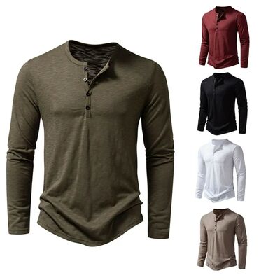 Autumn New Men's Cotton Button Long Sleeve  Henley Neck T-Sh