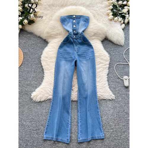 SINGREINY Chic Strapless Denim Jumpsuits Buttons Pockets Ela
