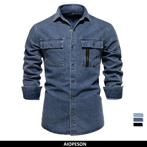 AIOPESON Mens 100% Cotton Denim Shirts Autumn Thick Cowboy H