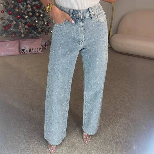 Straight Jeans for Women Diamonds Pants Stretch High Waist W