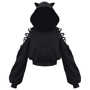 Y2k Gothic Womens Hoodie Cat Ear Crop Top Hooded Sweatshirt