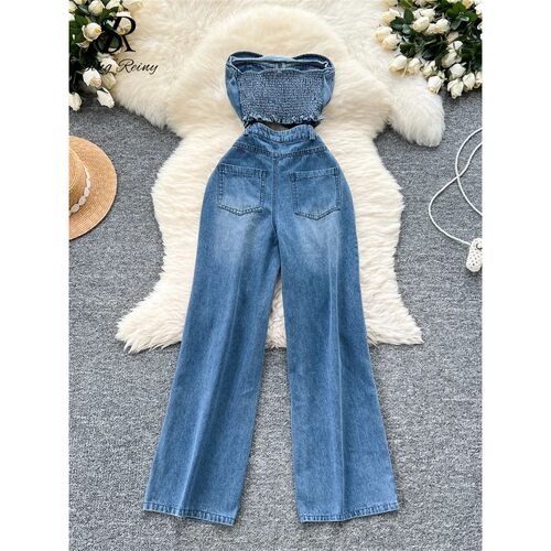 SINGREINY Women Strapless Denim Jumpsuits Hollow Out Design