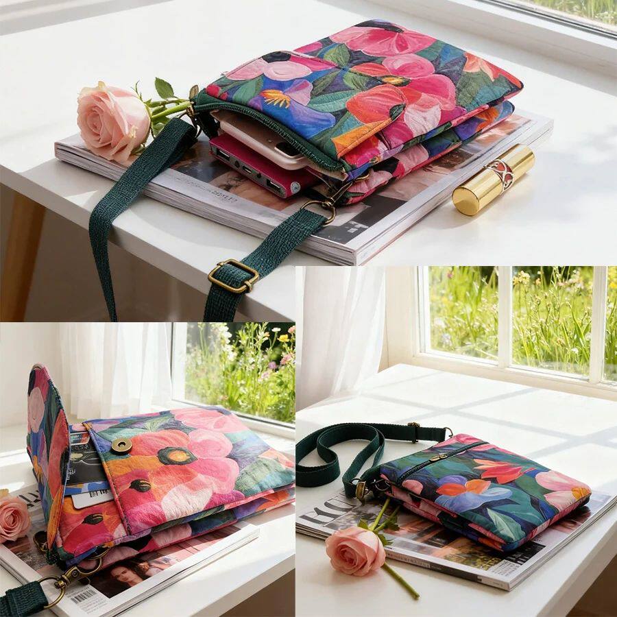 New All-Over Print Oil Painting Series 5-Layer Crossbody Pho