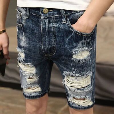 Short Jeans Pants For Men Straight Cowboy Slim Skinny Ripped