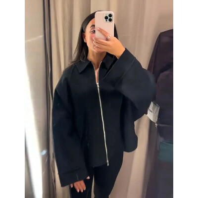 Woolen Zipper Loose Short Jacket Women Long Sleeve Lapel Sol