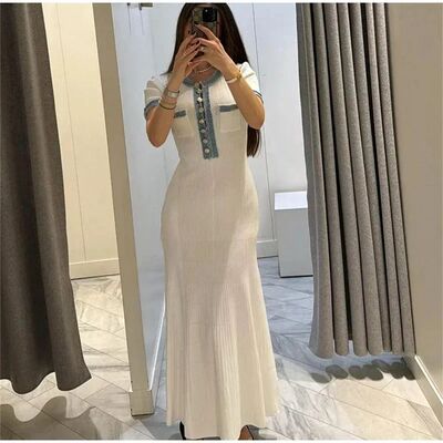 Elegant Contrasting Women Knit Maxi Dress Chic O-neck Short