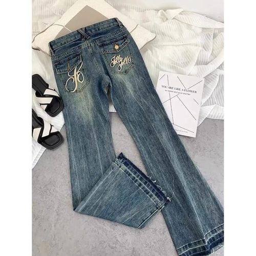 Casual High Waist Bell Bottom Jeans Women's Fashionable Embr