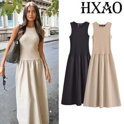 HXAO Khaki Elegant Long Dresses 2025 Women's Spring Sleevele