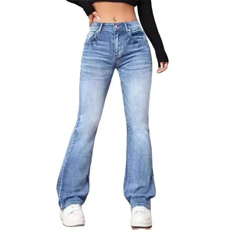 Women New Casual Micro Flares Jeans Vintage Mid Waist Button