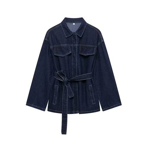 Willshela Women Fashion With Belt Denim Blue Single Breasted