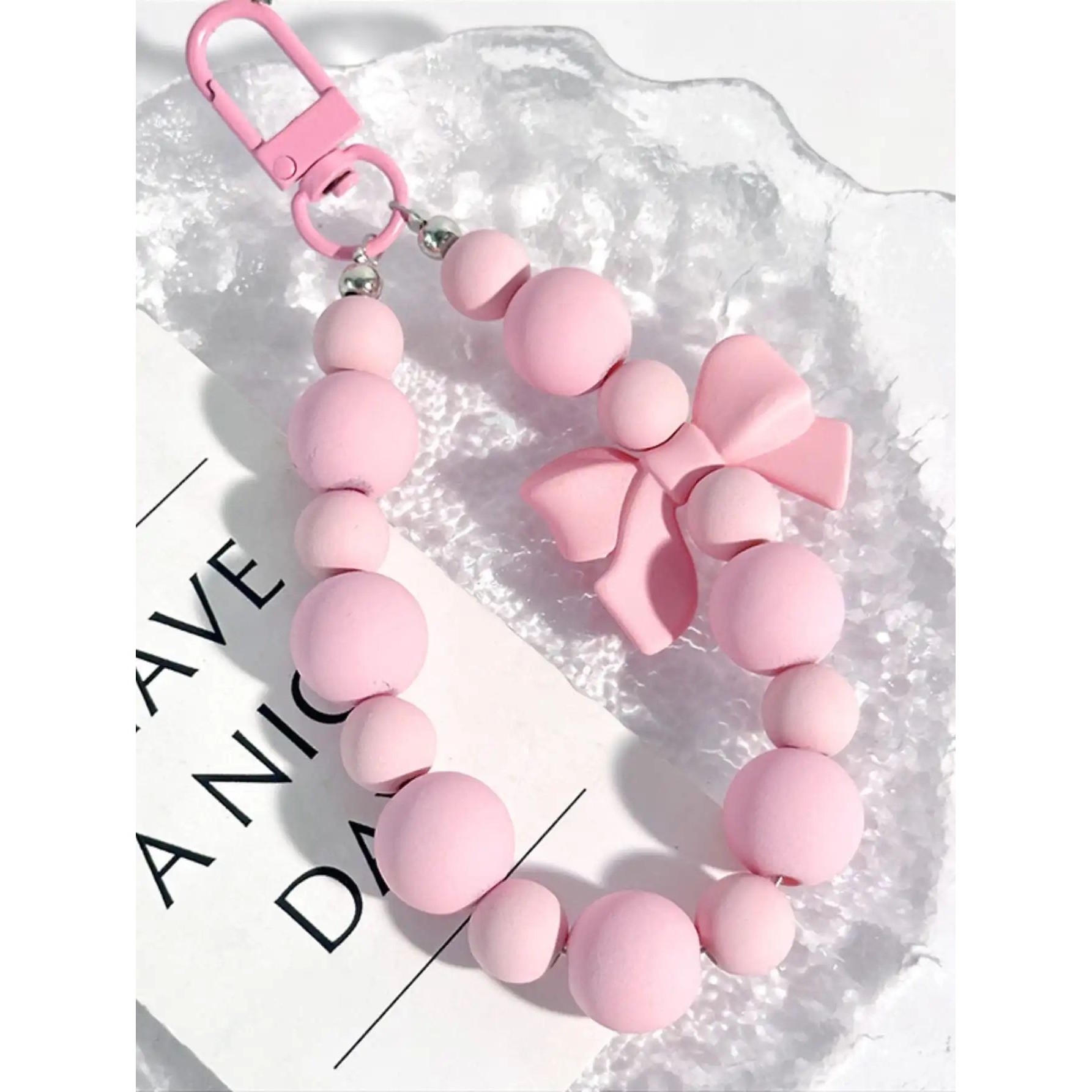 Pink pearl bow keychain, mobile phone chain, earphone bag, a