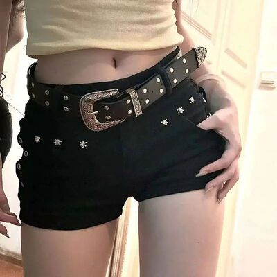 Black Sexy Low Waist Y2K Jean Shorts Woman Punk Gothic Popul