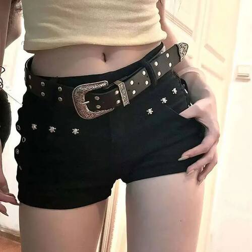 Black Sexy Low Waist Y2K Jean Shorts Woman Punk Gothic Popul