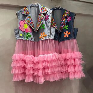 Flowers Sequins Embroidery Mesh Patchwork Ruffles Denim Wais