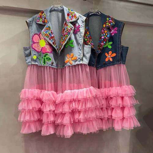 Flowers Sequins Embroidery Mesh Patchwork Ruffles Denim Wais