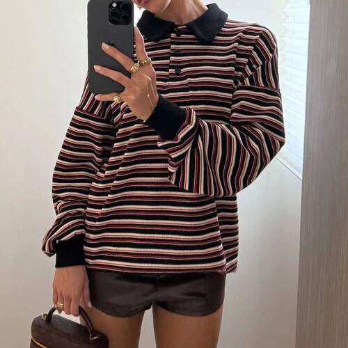 Women Striped Rugby Shirt Lapel Collar Vintage Oversize Long