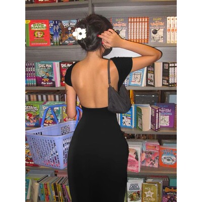 Nibber Solid Sexy Backless Maxi Dress Women Elegant Elastic