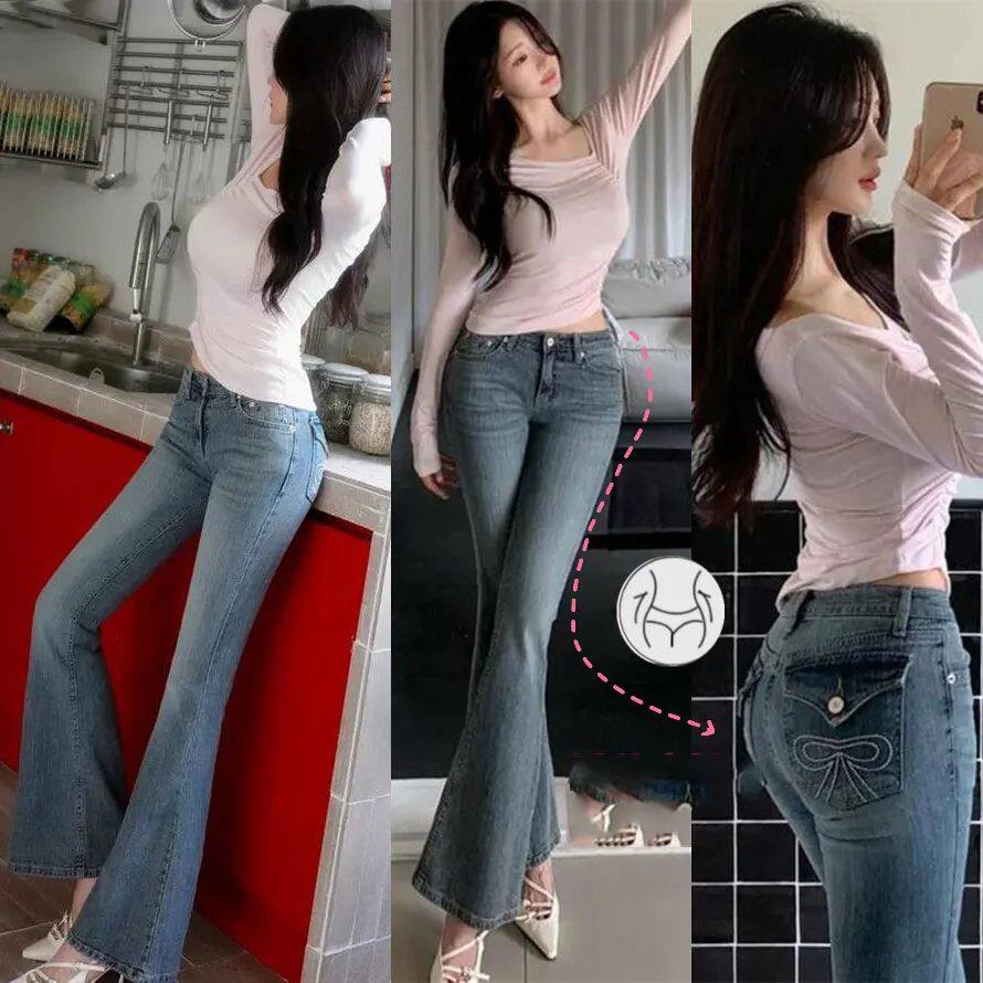 Korean Fashion Women Cotton Elastic Jeans Flare Hem Embroide
