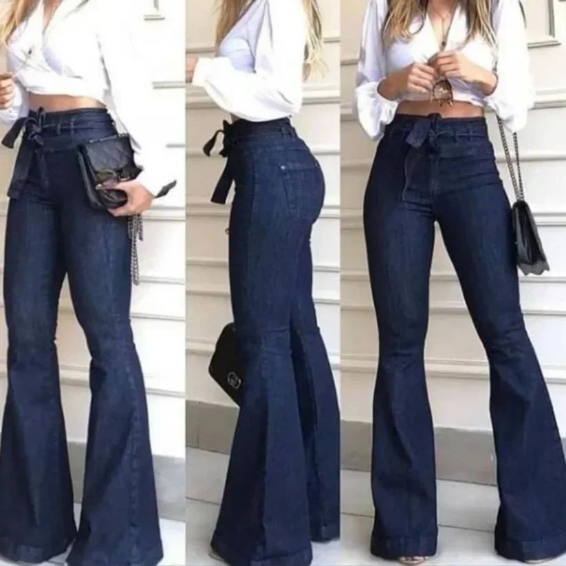 Women Jeans Solid Color High Waist Flare Pants Zipper Fly Fl图片