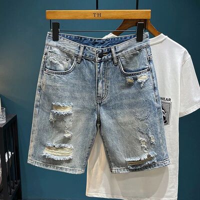 Korean Fashion Ripped Mens Denim Shorts Vintage Streetwear S
