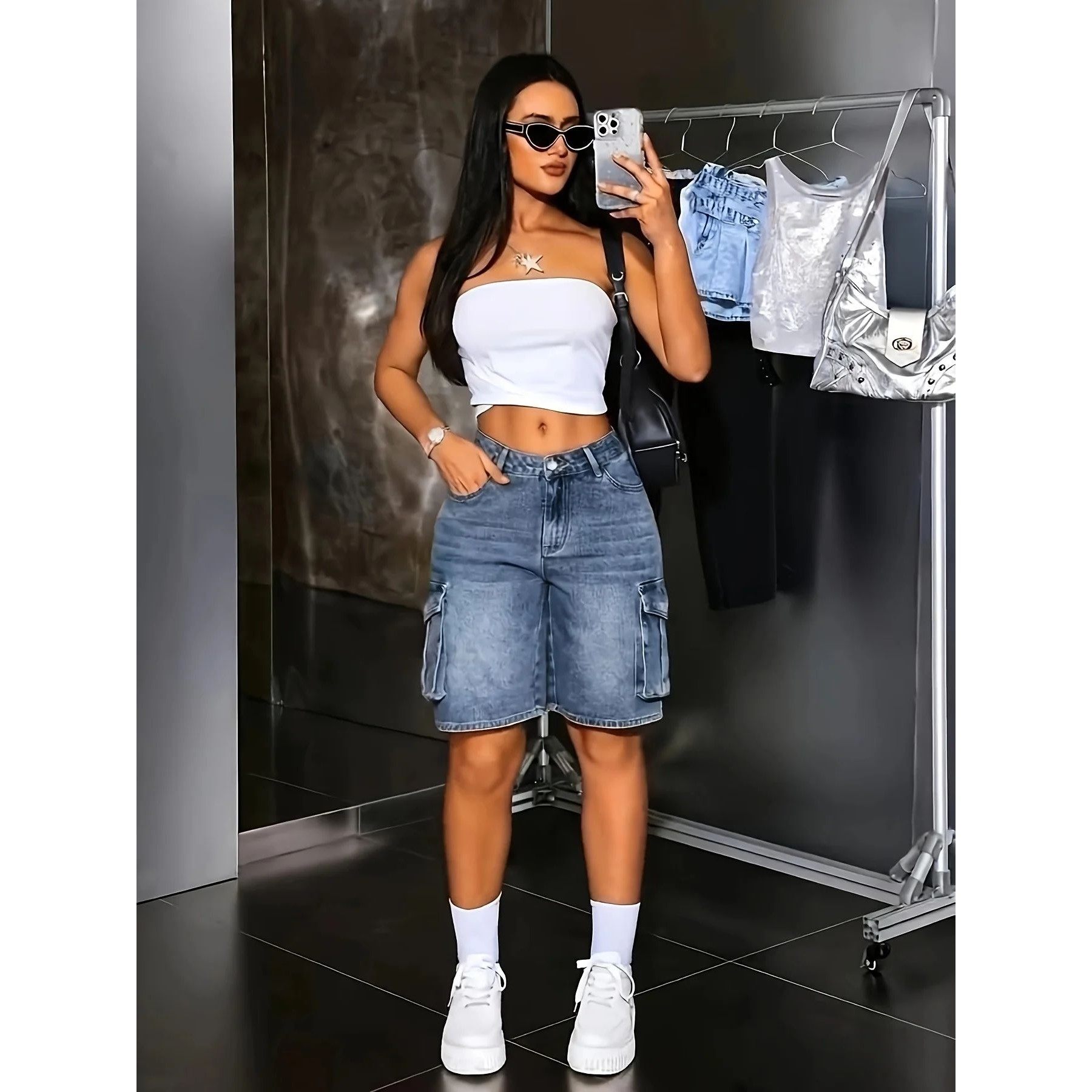 Women's Multi-Pocket Bermuda Blue Overalls