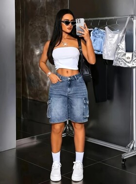 Women's Multi-Pocket Bermuda Blue Overalls