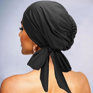 with che long elastic tie bow hat headscarf tail color Solid