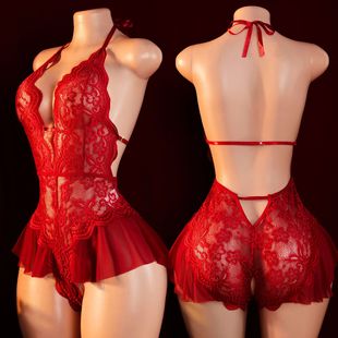 Sexy Crotchless Nightwear For Sex Women Lace Patchwork Trans