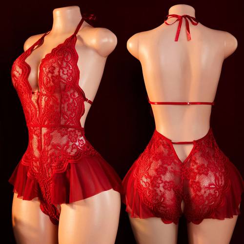 Sexy Crotchless Nightwear For Sex Women Lace Patchwork Trans