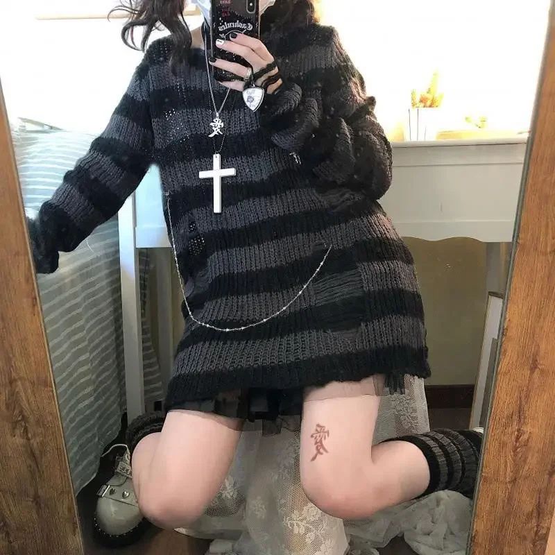 Over Size Grey Striped Gothic Lolita Sweaters Women Ripped H